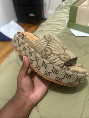 Gucci Beige Monogram Slide Sandals with Brown GG Pattern